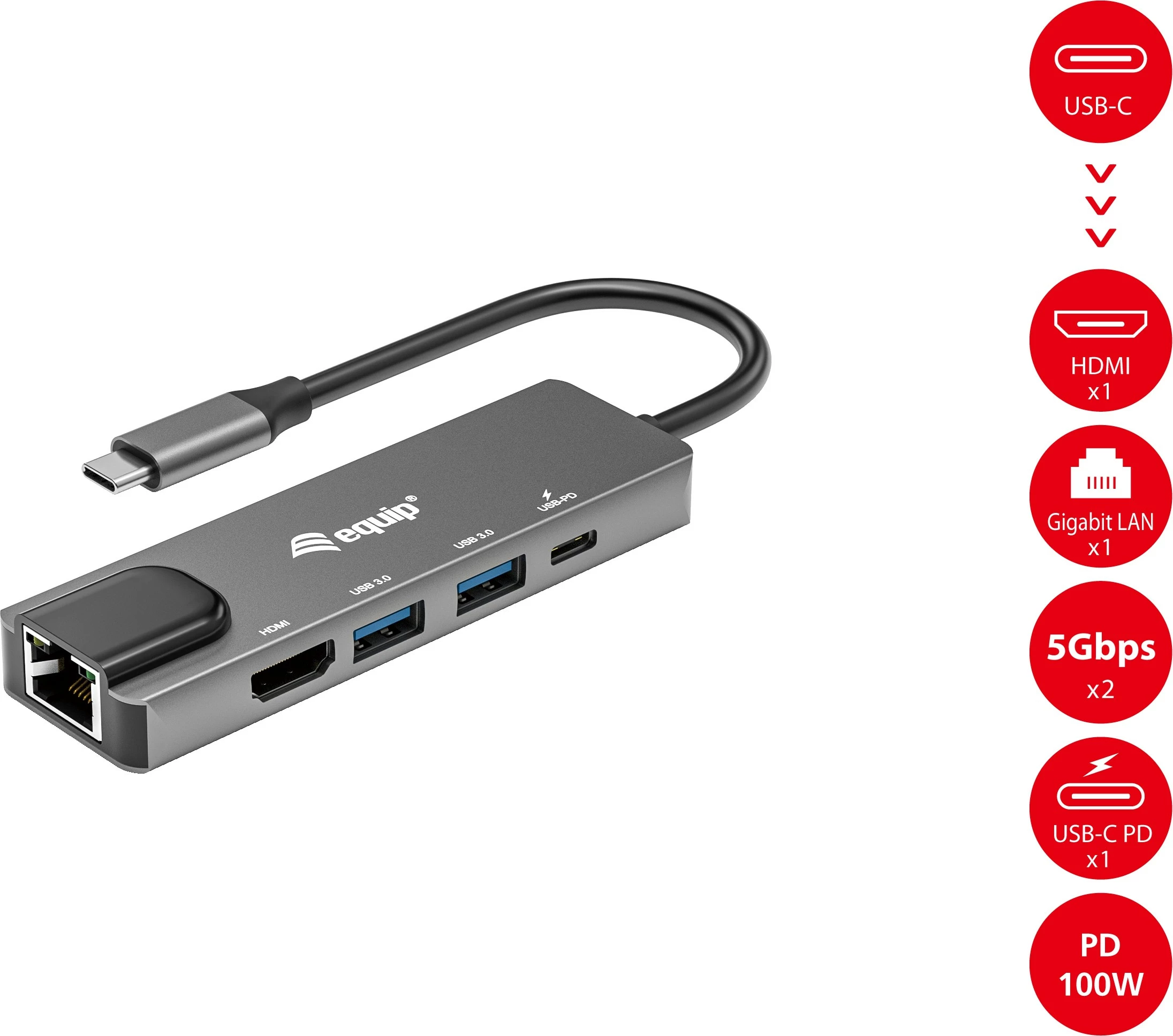 Adapter multifunksional USB-C Equip 133489, 5 porte, HDMI, Gigabit LAN, 100W PD, Gri