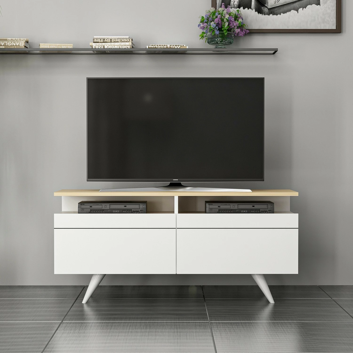 Komodë TV Hanah Home, Berlin 120, e bardhë dhe lis