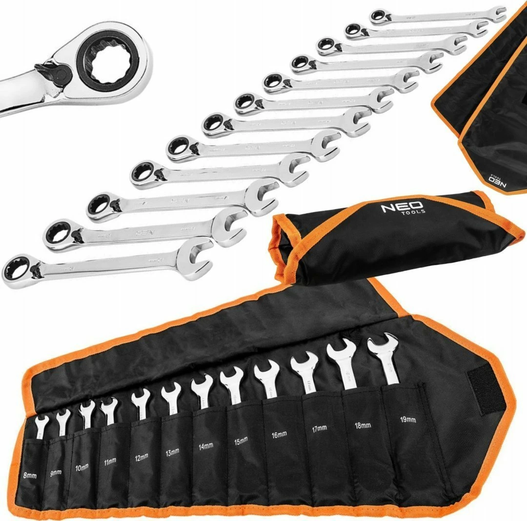 Set çelësa me kriket NEO 09-345 8-19 mm, 12 copë, me çantë rrotulluese, zezë/portokalli