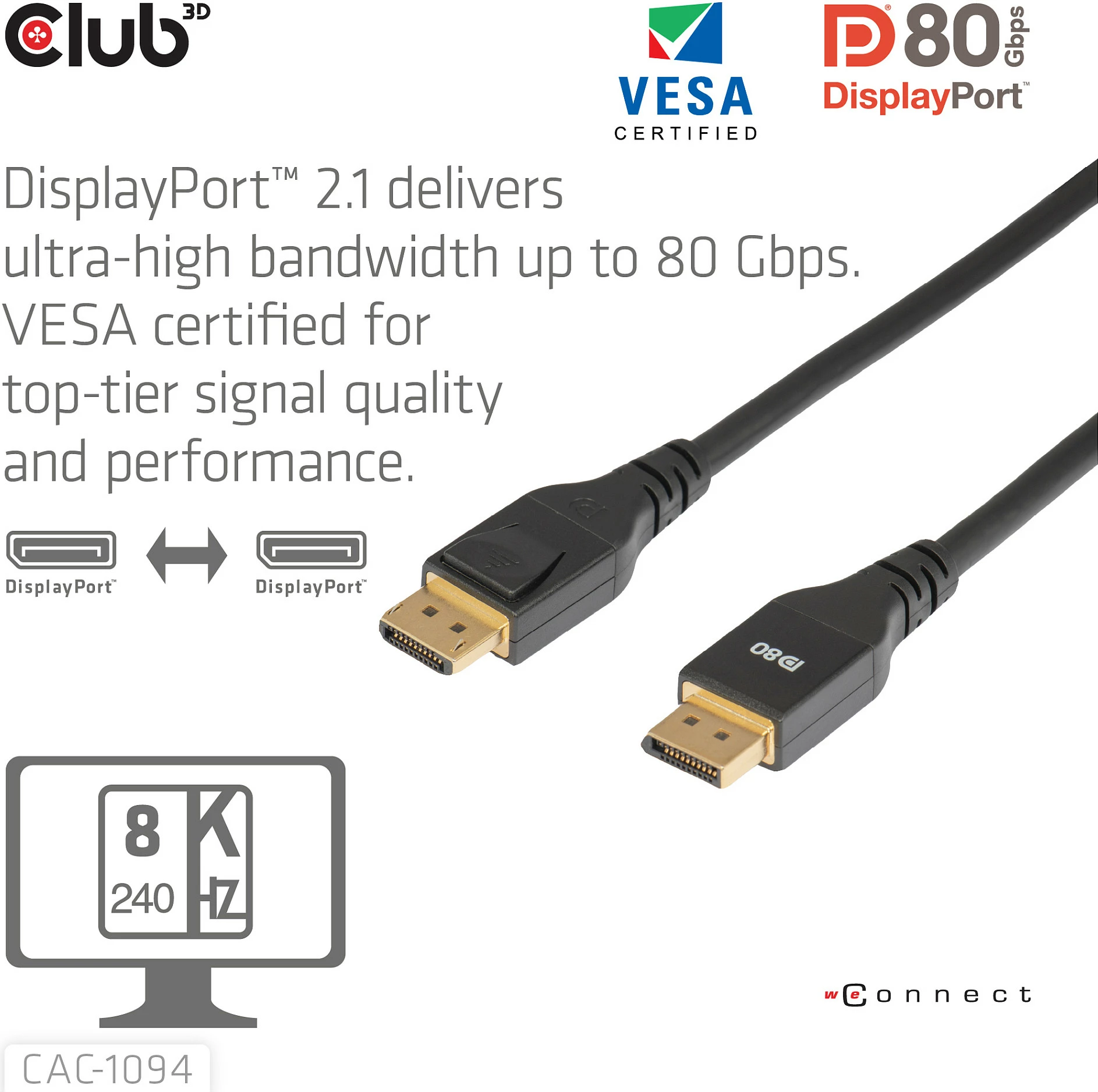 Kabllo DisplayPort Club 3D CAC-1094, DP 2.1 DP80, 2m, 8K 240Hz, e zezë