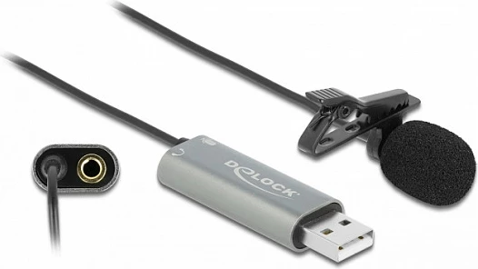 Mikrofon lavalier DeLOCK USB, 24-bit/192 kHz, me klips, me port 3.5 mm, i zi