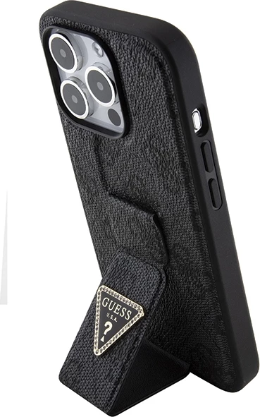 Mbështjellës Guess Grip Stand 4G Triangle Strass për iPhone 15 Pro, i zi