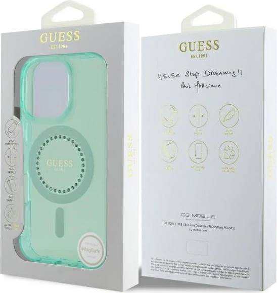 Mbështjellës Guess IML Rhinestones MagSafe për iPhone 16 Pro, Gjelbër