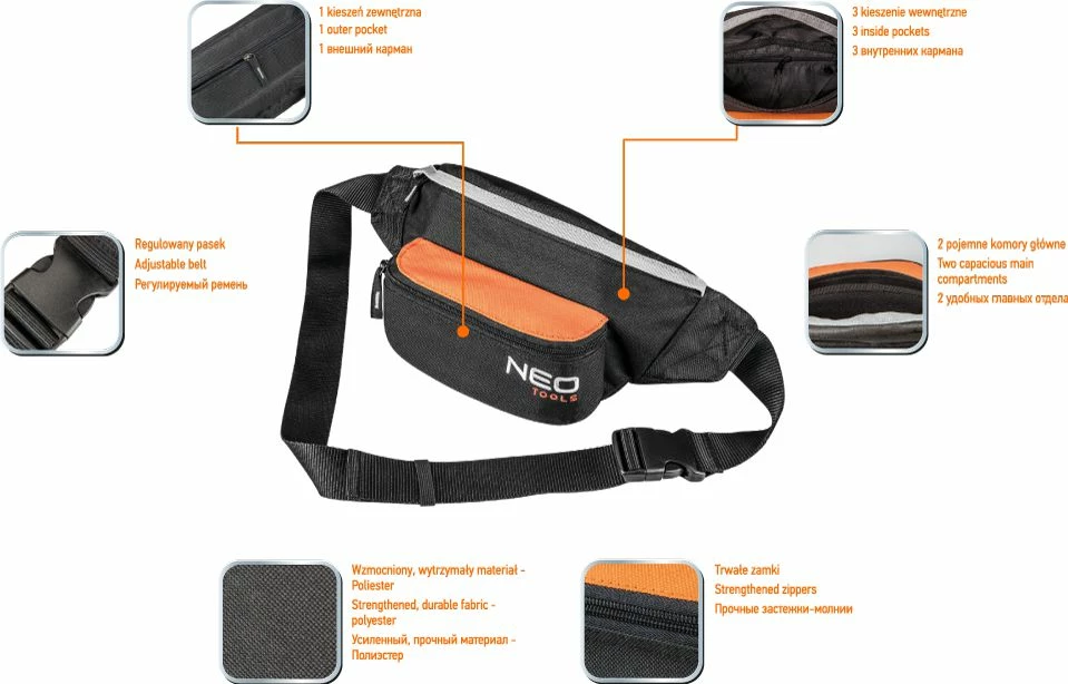 Çantë beli Neo 84-311, poliester i përforcuar, 2 ndarje, rrip i rregullueshëm, e zezë