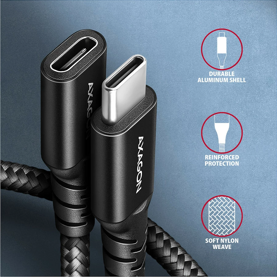 Kabllo zgjatëse USB-C Axagon BUCM32-CF10AB, USB-C në USB-C 3.2 Gen 2, 1 m, 20 Gbps, alumini, e zezë