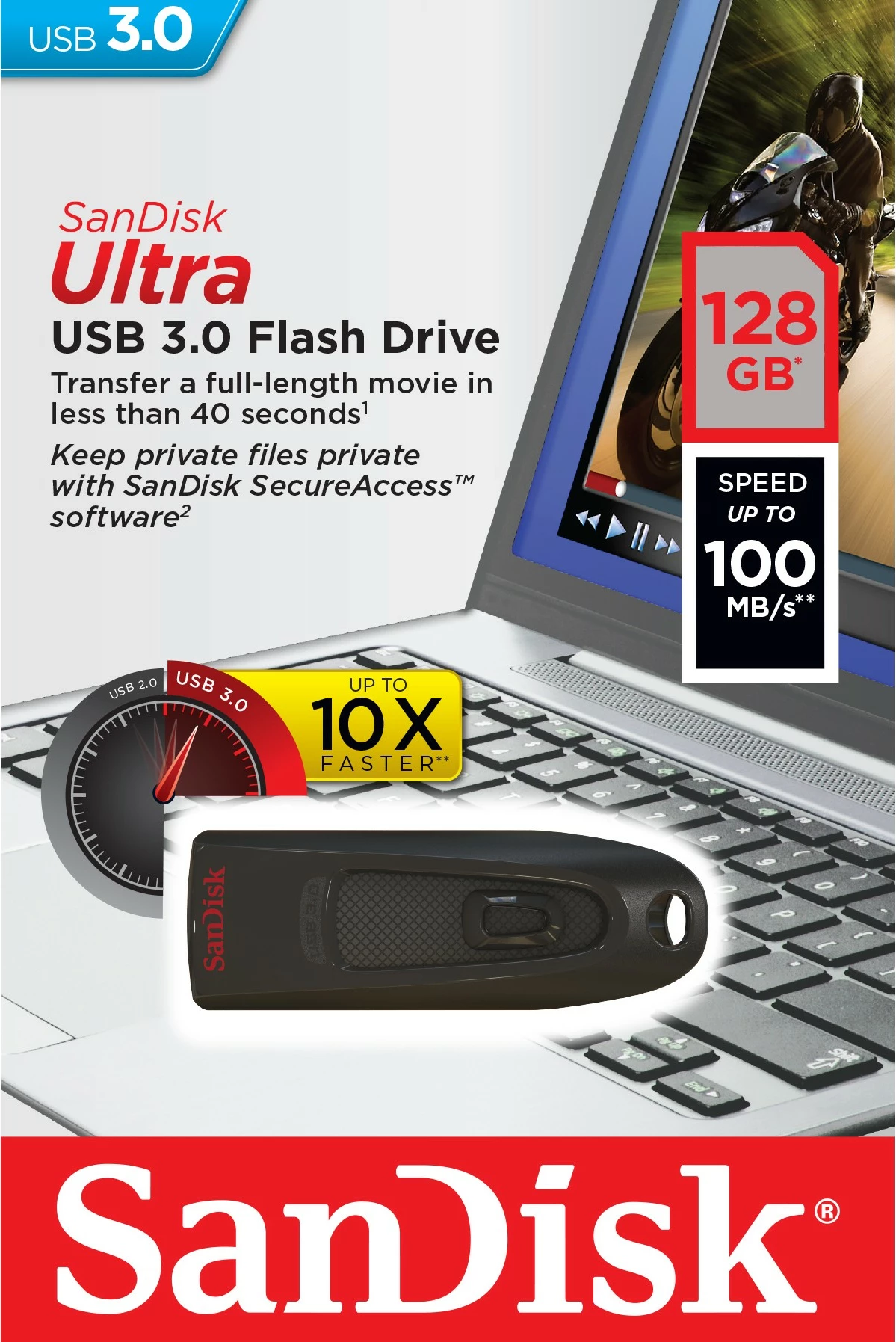 USB SanDisk Ultra, 128 GB, USB Type-A, 3.2 Gen 1, 100 MB/s, Slide, Black