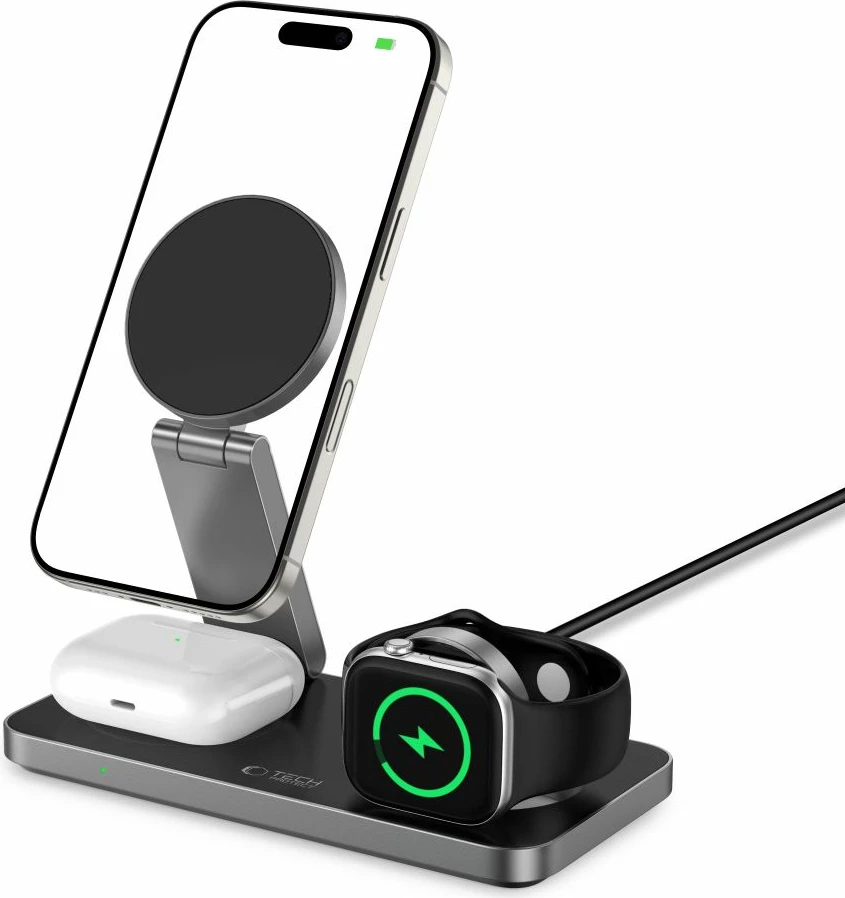 Karikues induktiv 3-në-1 Tech-Protect QI15W-A47 me MagSafe, USB-C, i zi