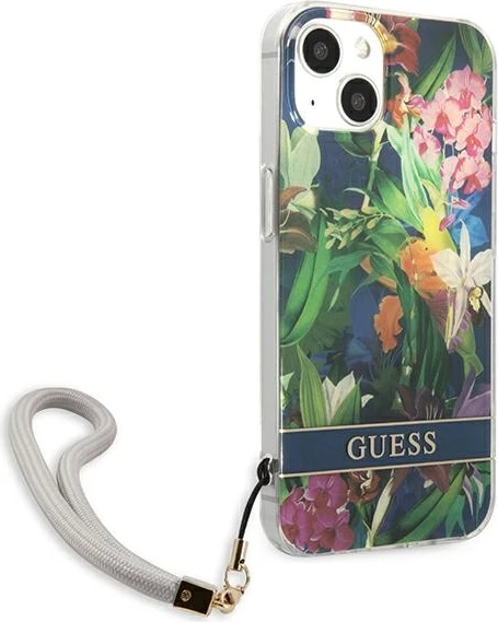 Mbështjellës Guess GUHCP13SHFLSB për iPhone 13 mini 5.4", Flower Strap, Blu