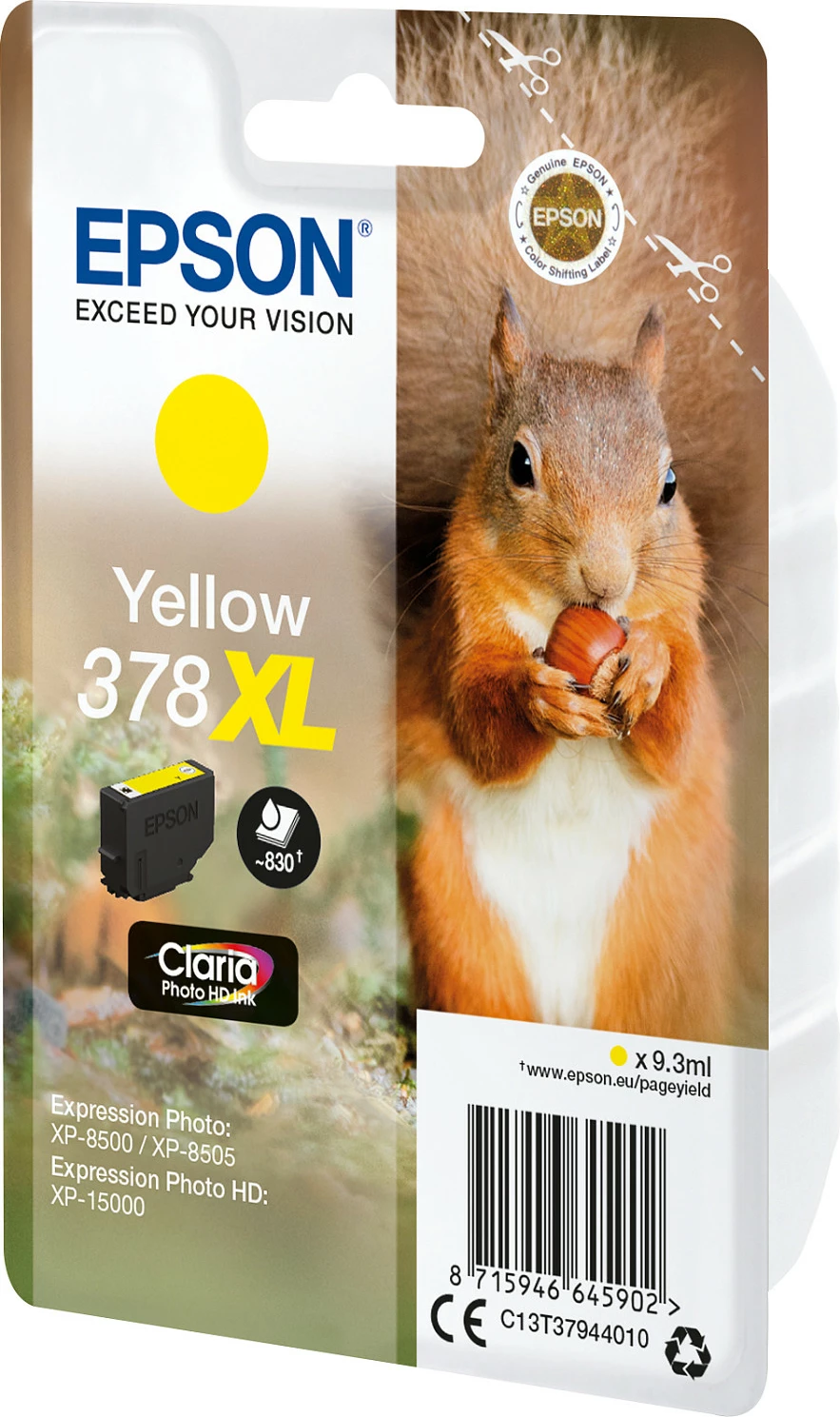 Toner Epson Squirrel Singlepack Yellow 378XL Claria Photo HD, High (XL) Yield, 9.3 ml, Verdhë