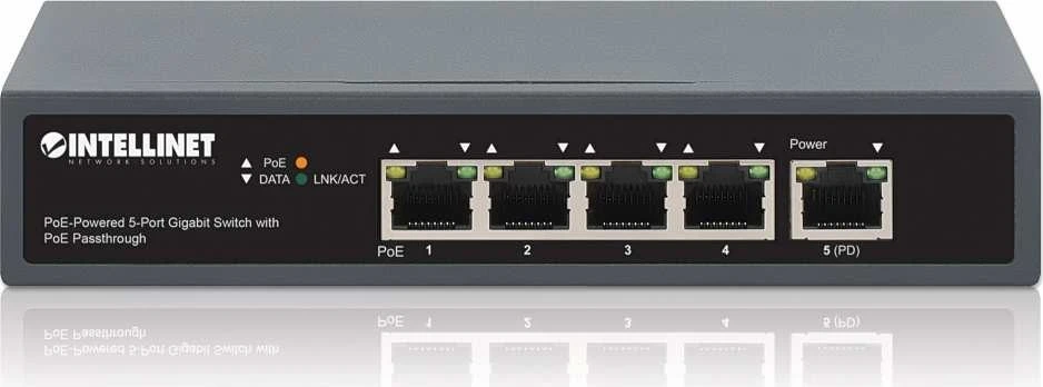 Switch Intellinet 561808, 5p Gigabit PoE Passthrough, i ushqyer nga PoE ose AC, 95W