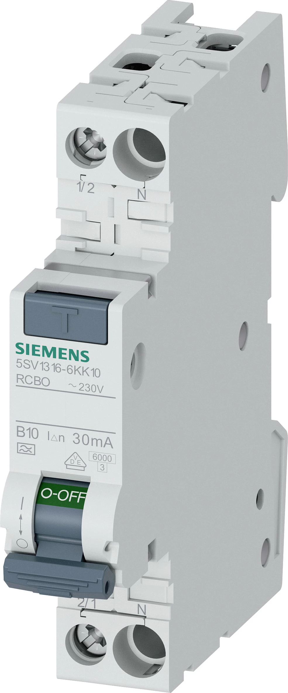 Ndërprerës diferencial automatik Siemens 5SV1316-6KK10, Typ A, 30mA, B10, 10A, 2-polësh, 6kA, DIN-rail, i bardhë/gri