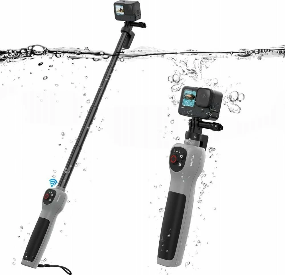 Selfie stick Telesin GP-WBT-001, waterproof IP68 30m, 25-85cm, me telekomandë, për GoPro HERO 13/12/11/10/9/MAX, zi/argjend