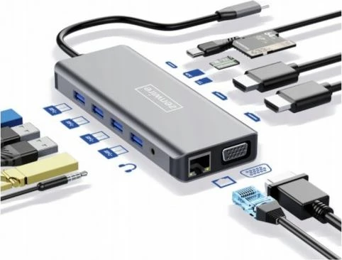 Hub USB-C Zenwire 12-në-1, 2x HDMI 4K, VGA, 4x USB 3.0, Gigabit Ethernet, SD/microSD, Power Delivery 87W, gri
