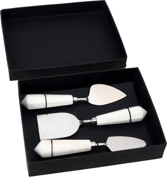 Set për servirje djathi, 3 copë, çelik dhe mermer i bardhë, 18x5x2cm