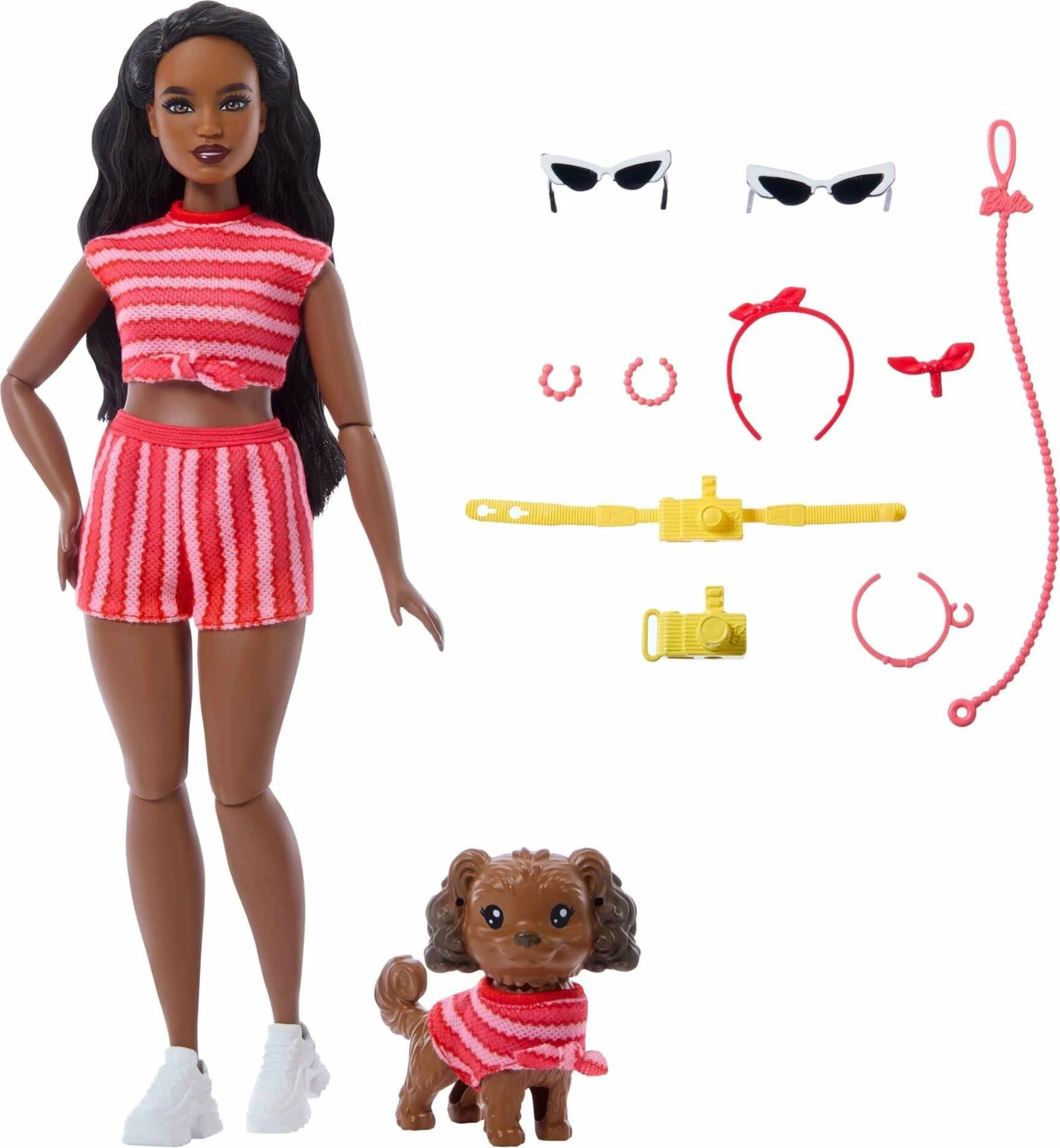 Kukull Barbie Mattel Twinning Looks JFP37, set me qenush, veshje me vija të kuqe