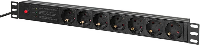 PDU 19" LogiLink, 7x prizë Schuko CEE 7/3, filtër linje, mbrojtje mbingarkese, e zezë