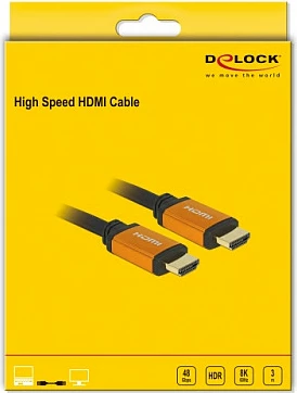 Kabllo HDMI DeLOCK High Speed 48 Gbps, 3 m, 8K 60Hz, HDR/eARC, e zezë/verdhe