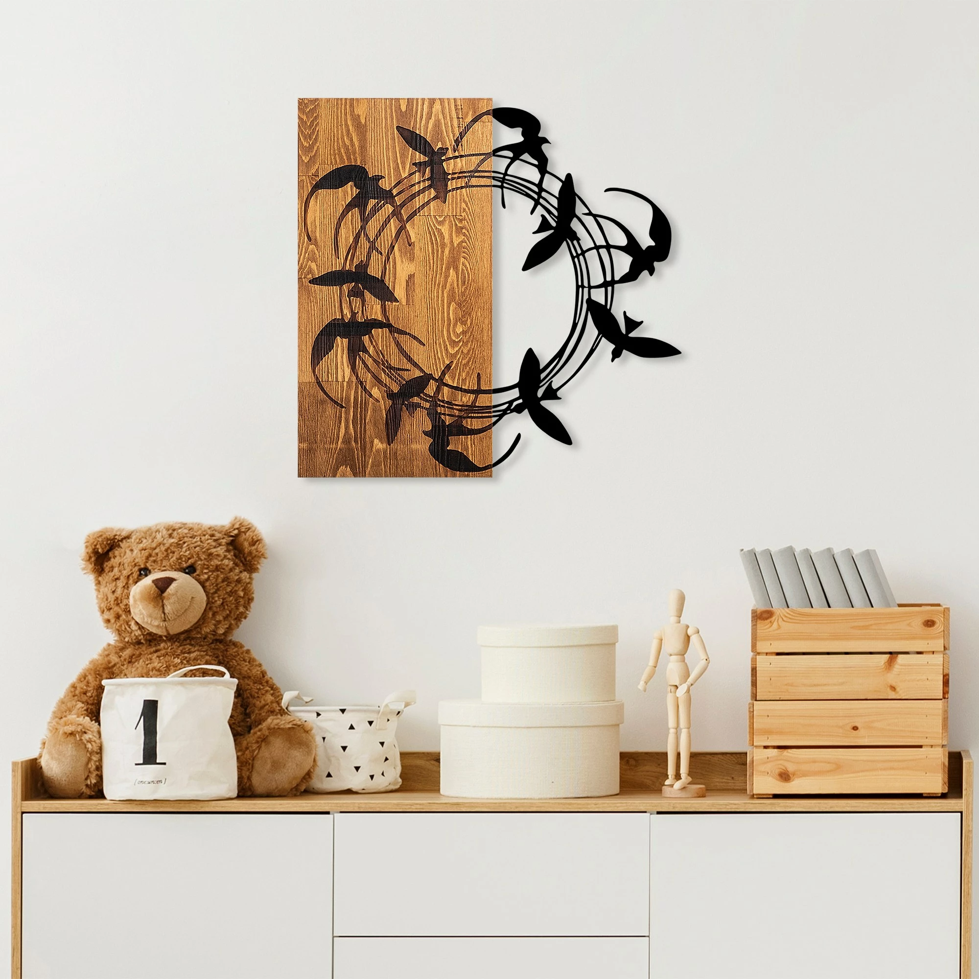 Aksesor dekorativ prej druri për mur, Spiral Birds 1, ngjyrë arre dhe e zezë, 58x58cm