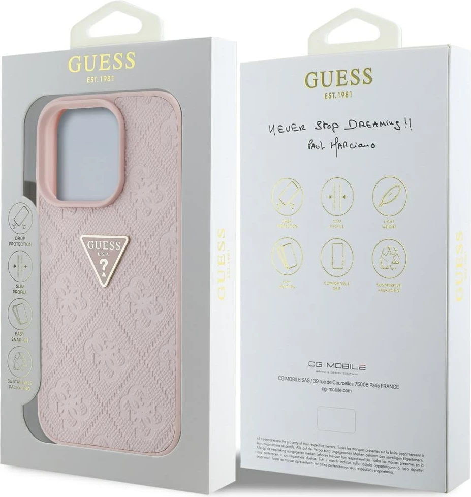 Mbështjellës Guess Hot Stamp 4G Pattern Triangle Metal Logo për iPhone 16 Pro, Rozë