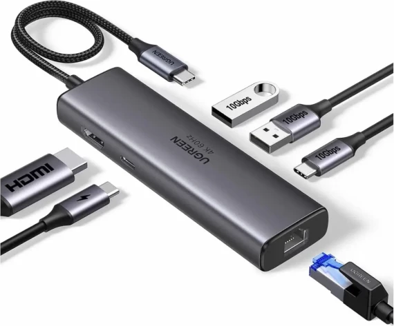 Hub USB-C UGREEN 45000 6-në-1, HDMI 4K@60Hz, PD 100W, Ethernet Gigabit, USB 3.2 10Gbps, gri