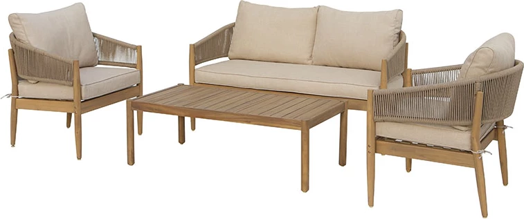 Set lounge për jashtë Lemanda, dru akacie, litar, jastëk bezhë