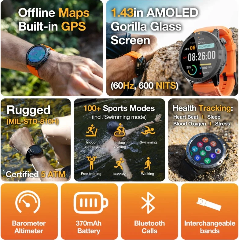 Smartwatch AGM Legion Pro 24166, GPS, harta offline, 5ATM, IP67, MIL-STD-810H, AMOLED 1.43\" 60Hz, Bluetooth thirrje, set me 2 rripa (portokalli neon + zi), i zi