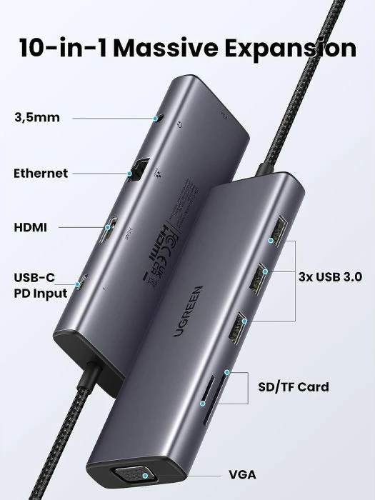 Hub USB-C UGREEN 15601 10-në-1, HDMI 4K + VGA 1080p, Ethernet 1Gbps, PD 100W, gri e errët