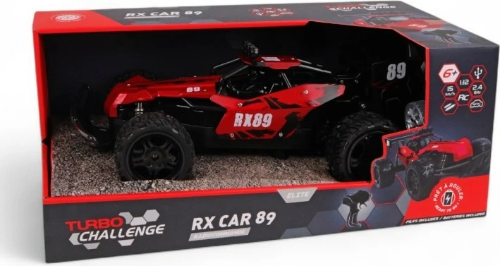Makina RC, Turbo Challenge, RX Car 89 093721, shkallë 1:12, 2.4 GHz, 15 km/h, rreze 30 m, bateri Li-ion 7.4V 500 mAh, 23 x 44 x 18 cm, me bateri dhe karikues USB, e kuqe/zezë