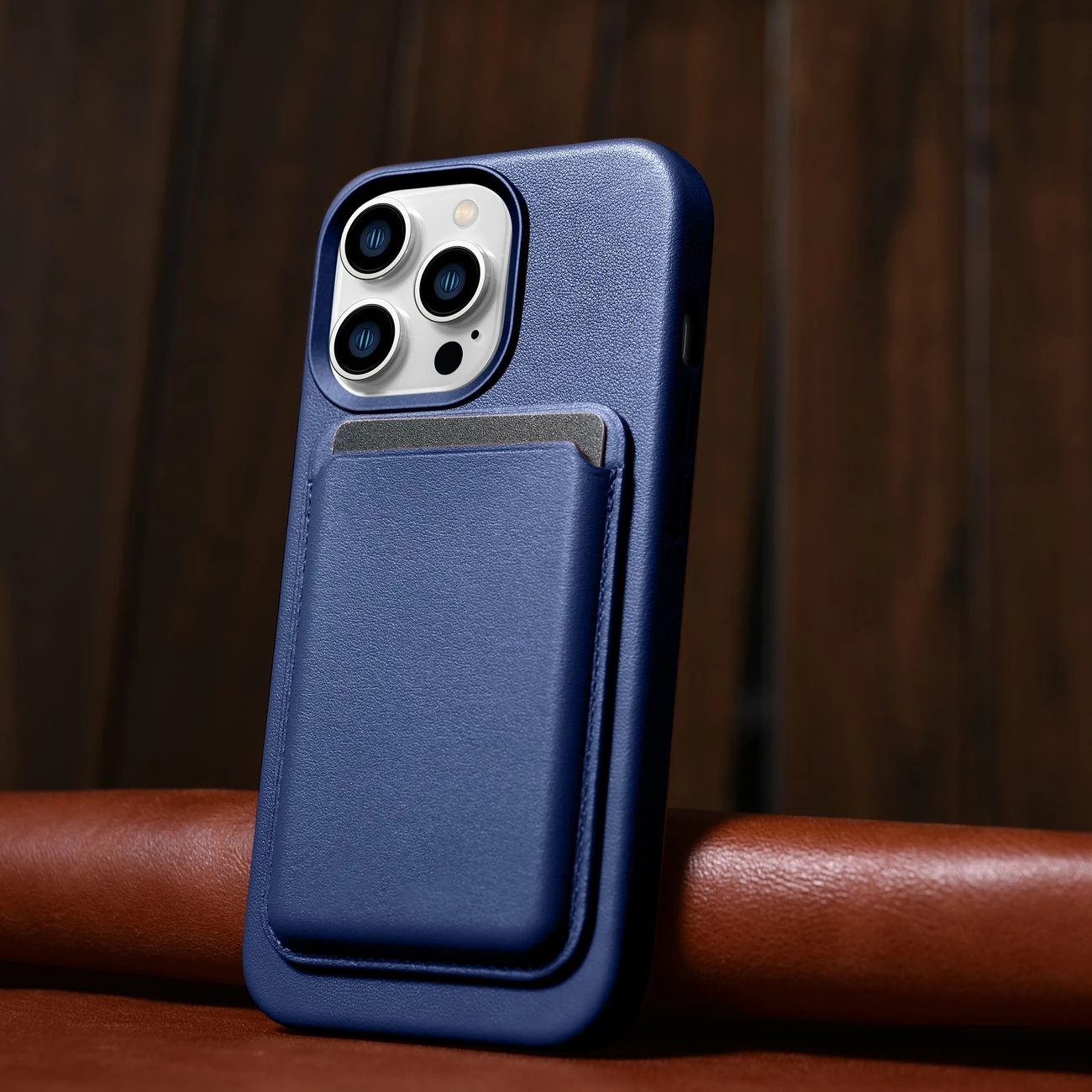 Mbështjellës iCarer për iPhone 14 Pro Max, lëkurë natyrale, MagSafe, kaltër