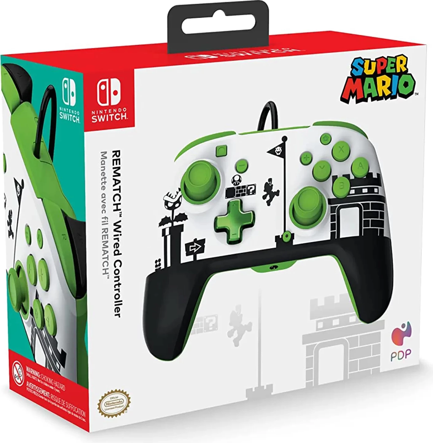 Kontroller me kabllo PDP REMATCH Mario Retro për Nintendo Switch/Switch 2, 3.5mm, butona prapa, Bardhë/Jeshile