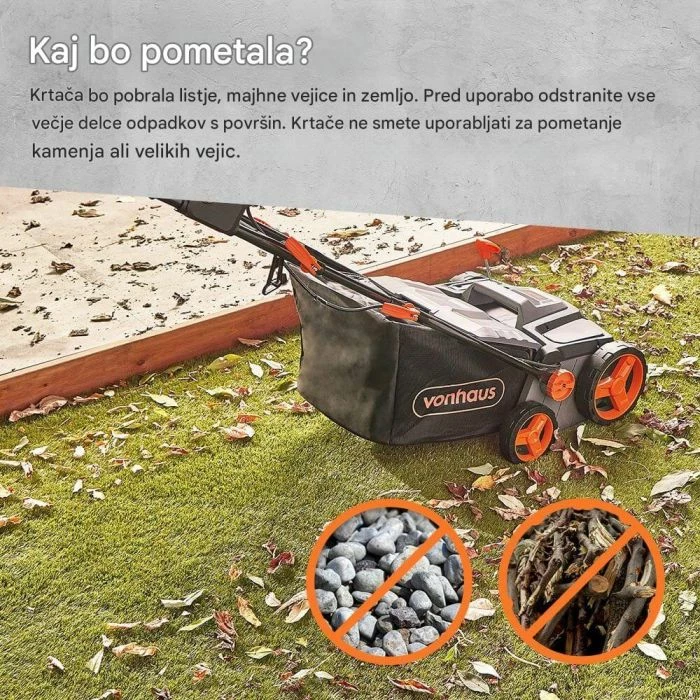 Furçë elektrike për bar artificial VONHAUS 3500326 1800W 38 cm, kabllo 12 m, shportë 45 L, gri/zi