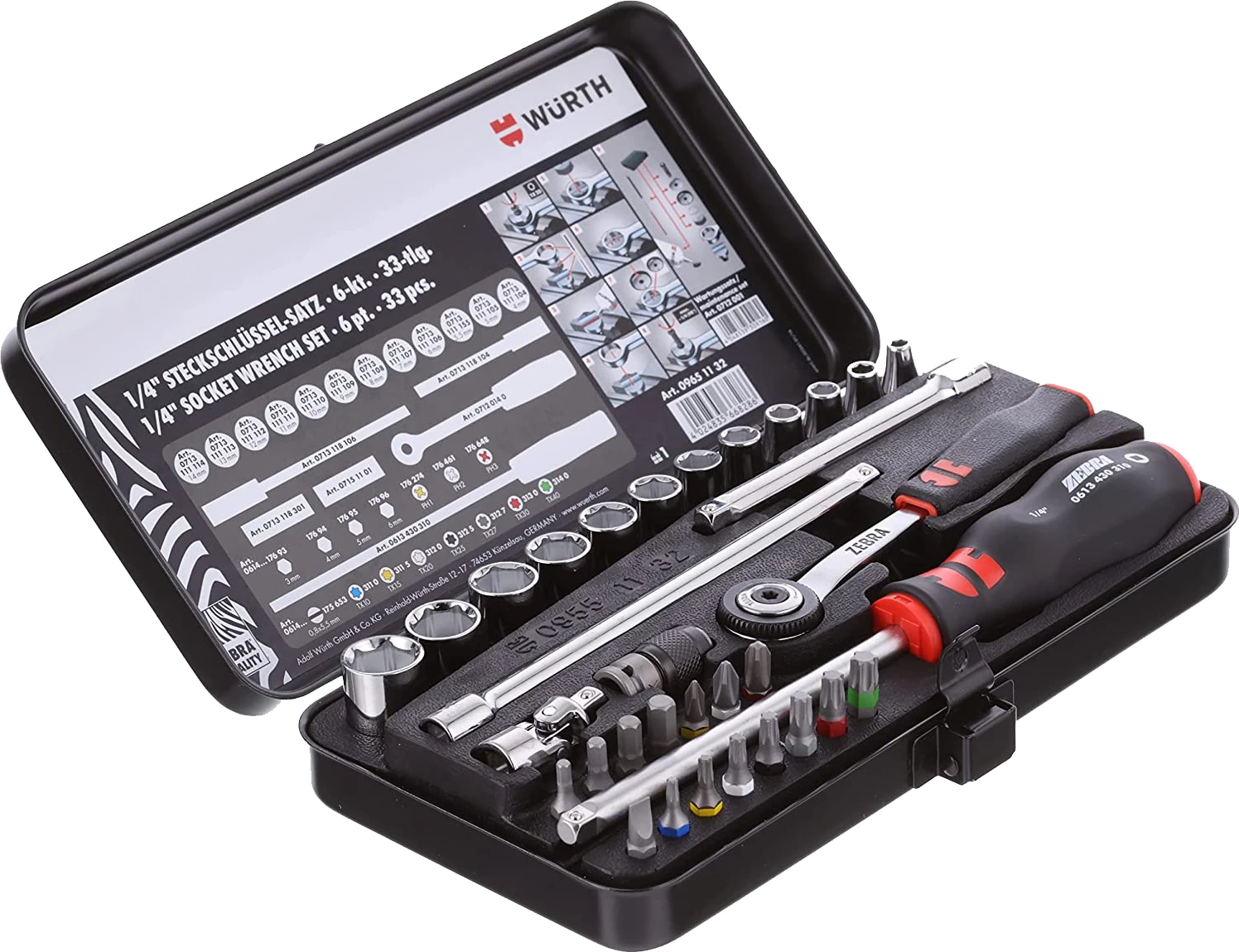 Set arpion me çelësa kokë, Würth, ZEBRA, 1/4", 33copë