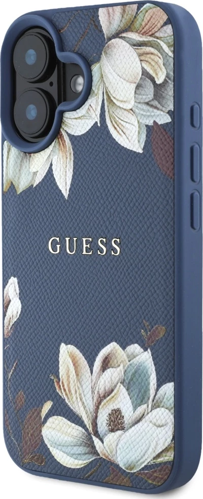 Mbështjellës Guess Grained Printed Flower Pattern MagSafe për iPhone 16, Blu