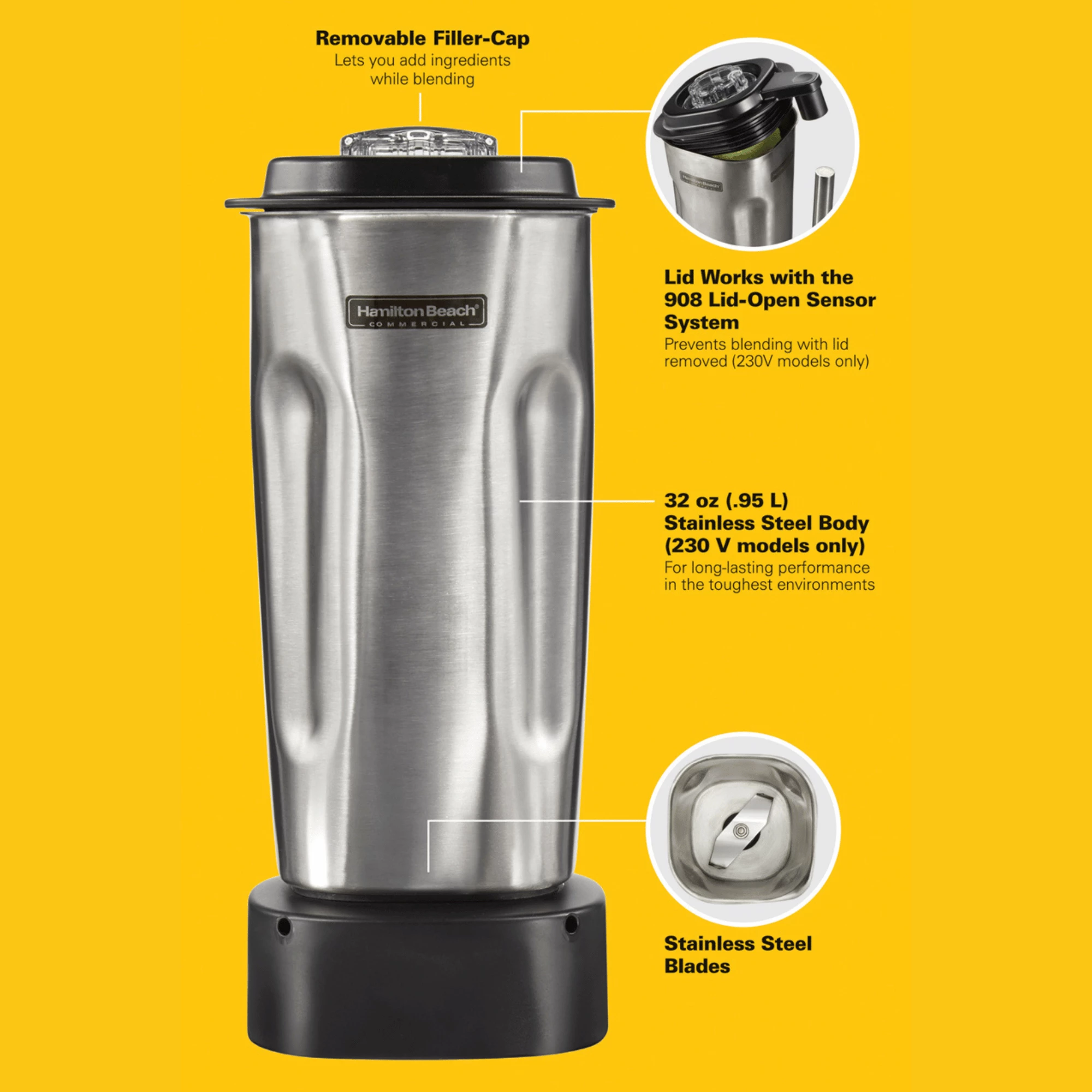 enë blenderi, Hamilton Beach Commercial, 6126-908S, 0.95L, me teh dhe kapak, argjendtë