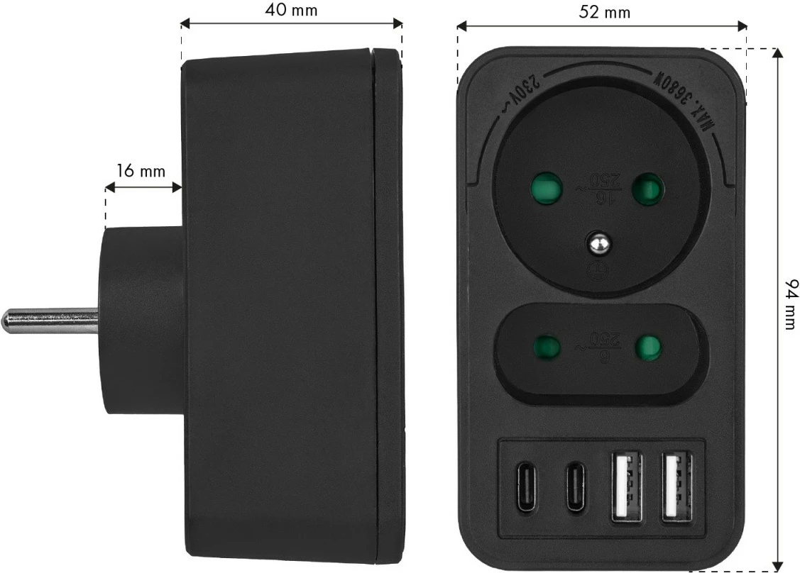 Shpërndarës prizë Maclean MCE249 F/B, 1x Schuko + 1x Euro, 2x USB-A 18W, 2x USB-C PD 20W, e zezë