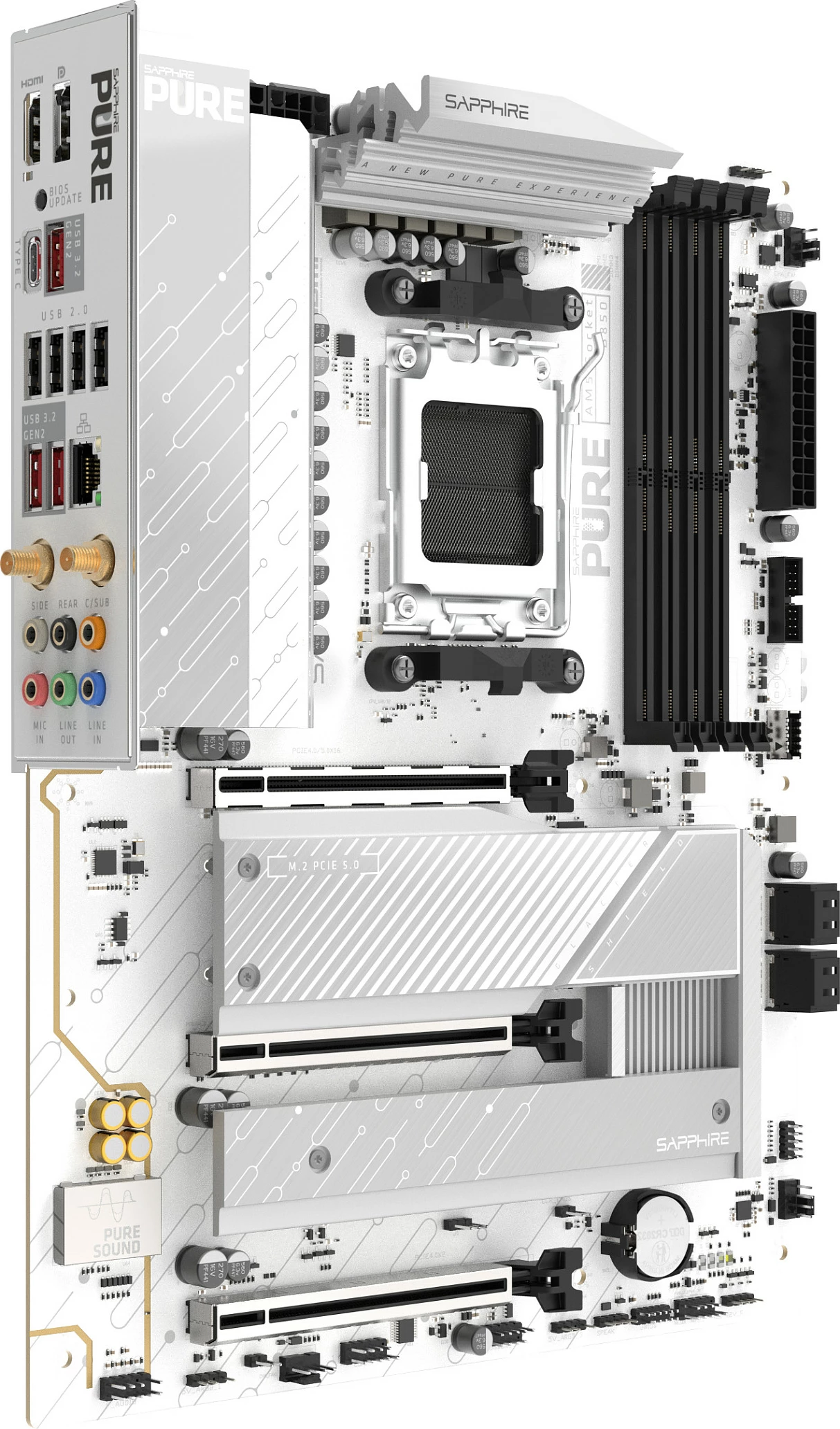 Pllakë amë Sapphire PURE B850A WIFI7, AM5, mATX, 3x M.2, Wi‑Fi 7, e bardhë