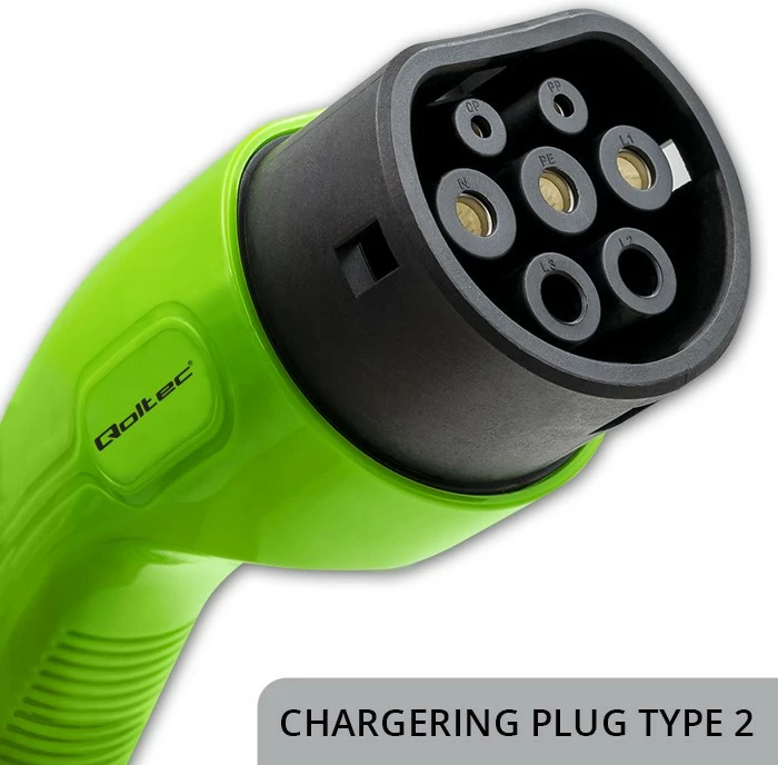 Karikues portativ për vetura elektrike Qoltec 52477, Type 2, 7kW, 5m, WiFi, i zi/gjelbër