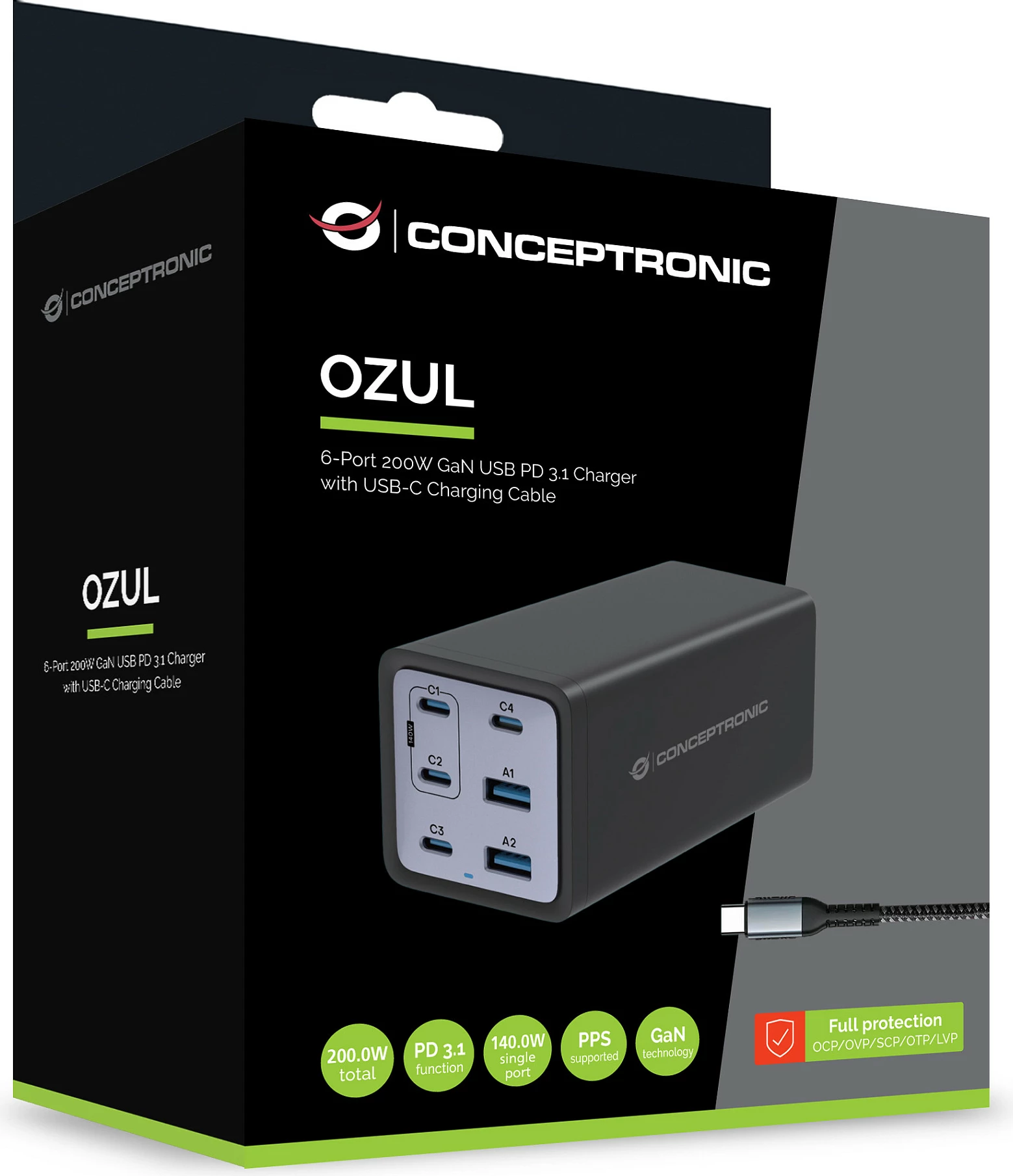 Karikues USB Conceptronic 6-Port 200W GaN PD 3.1, 4x USB-C 2x USB-A, me kabllo USB-C në USB-C, i zi
