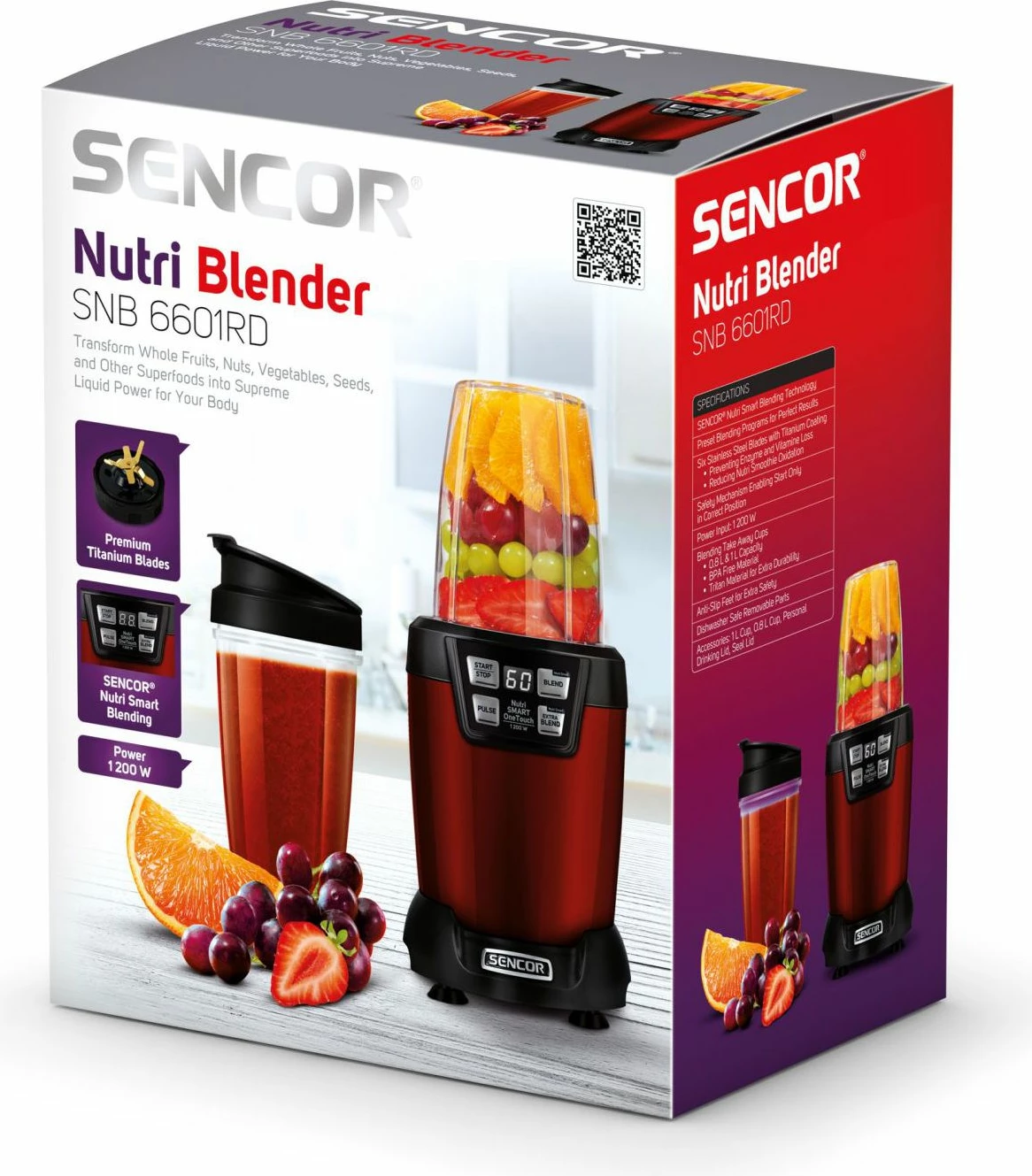 Blender me gotë Sencor SNB 6601RD 1200W 1L 2 shpejtësi Pulse, i kuq, set me 2 enë
