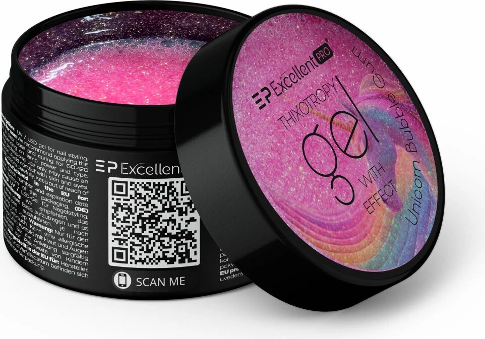 Xhel ndërtues për thonj për femra Excellent PRO Thixotropy Gel With Effect Unicorn Bubble Gum, 15g