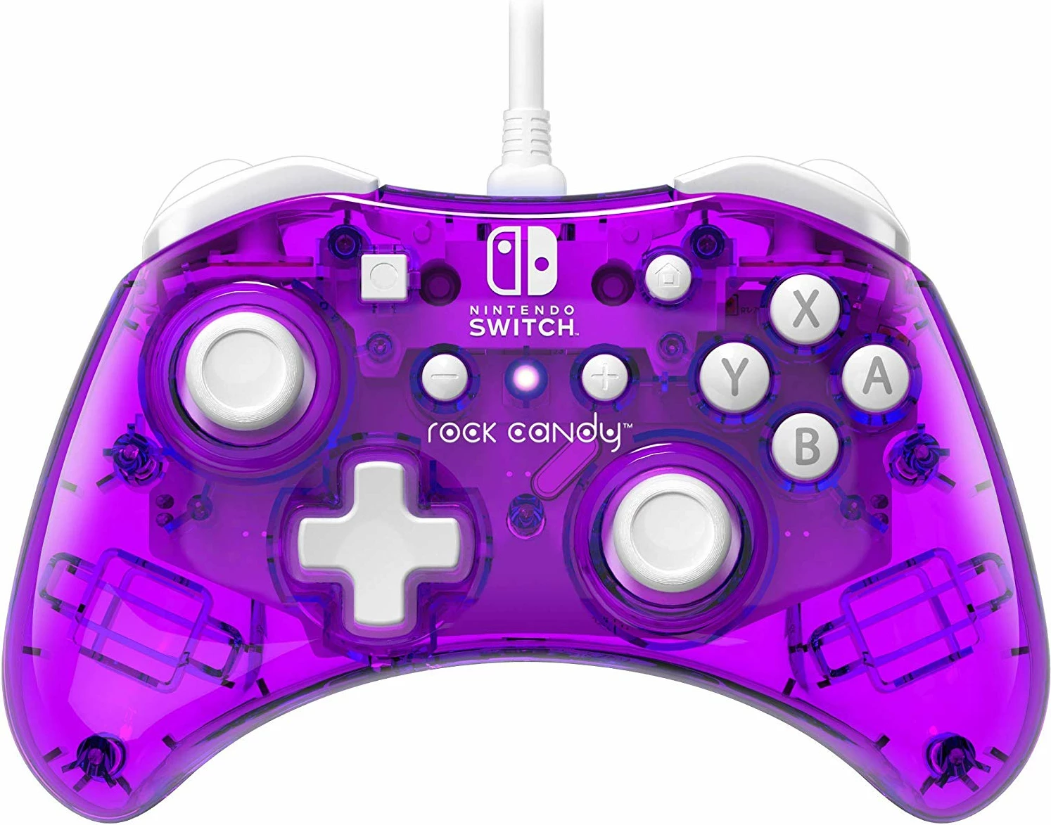 Kontroller PDP Rock Candy Mini Stormin' Cherry për Nintendo Switch, i lidhun me kabllo USB 4 m, transparent vjollcë