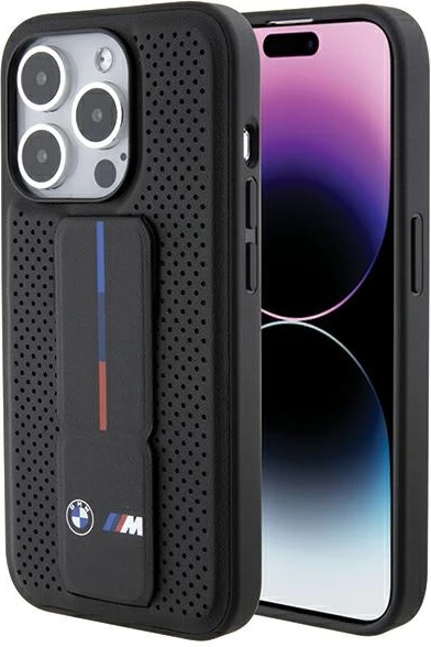 Mbështjellës BMW Grip Stand Smooth & Perforated për iPhone 15 Pro, i zi