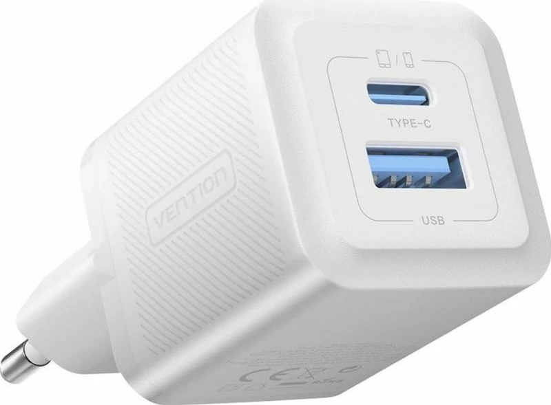 Karikues telefoni Vention 1x USB-A 1x USB-C GaN 30W, i bardhë