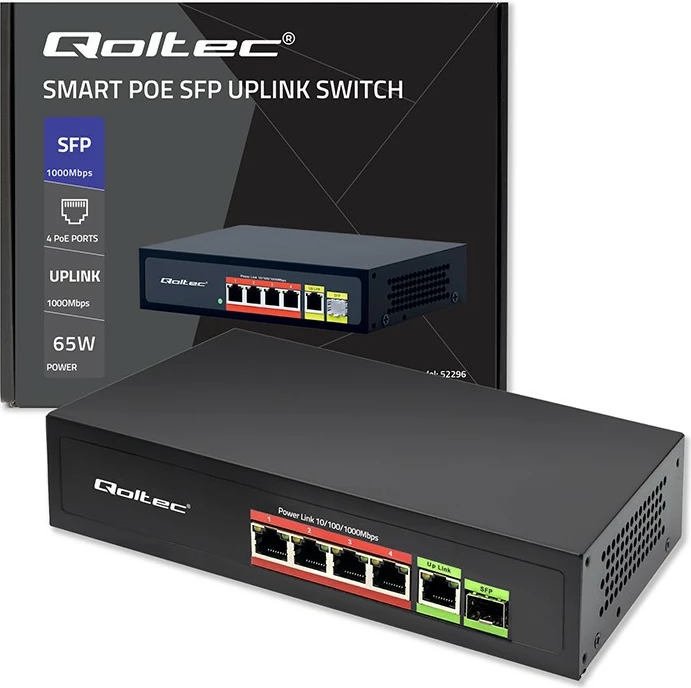 Switch Qoltec 52296, 4x RJ45 PoE, 1x RJ45 Uplink, 1x SFP, 65W, 1000 Mb/s, i zi