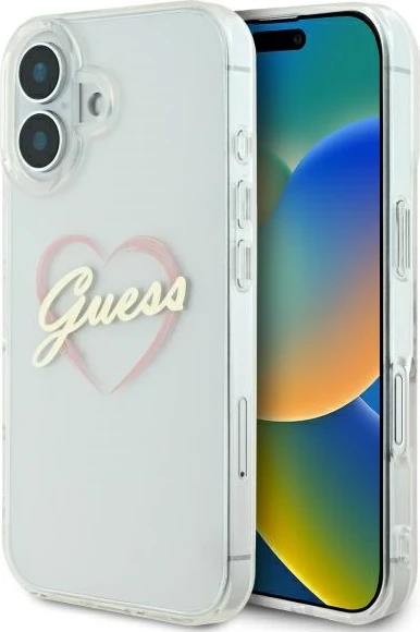 Mbështjellës Guess IML Heart për iPhone 16 Plus, Transparent