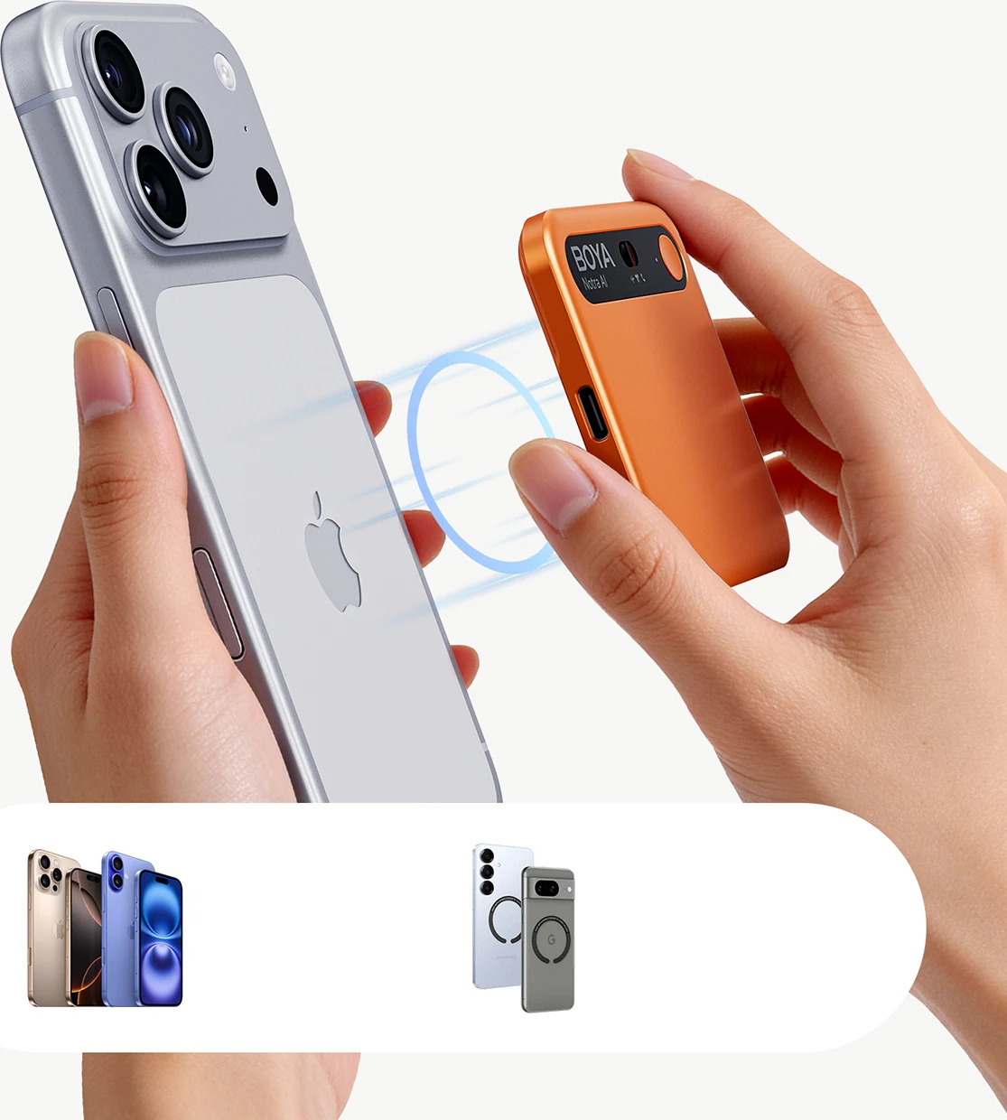 Regjistrues zëri BOYA Notra AI, 64GB, Bluetooth/USB-C, MagSafe, portokalli