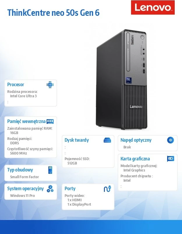 Kompjuter desktop Lenovo ThinkCentre neo 50s Gen 6 13DM002LPB Intel Core Ultra 3 205/16GB/512GB SSD Intel Graphics Windows 11 Pro SFF zi set me tastierë dhe maus