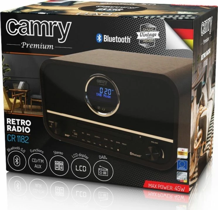 Radio retro Camry CR1182 DAB+/FM/AM, Bluetooth 5.0, CD/USB, 15 W, e zezë