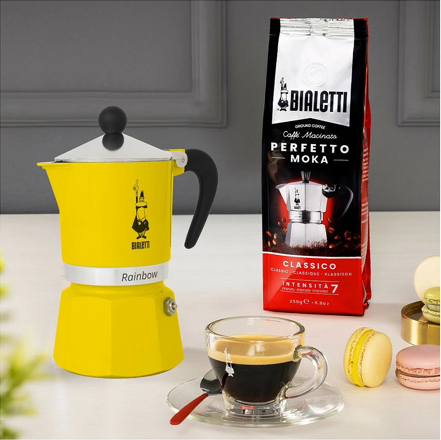 Moka pot Bialetti Rainbow 3 filxhana, alumini, zi verdhë
