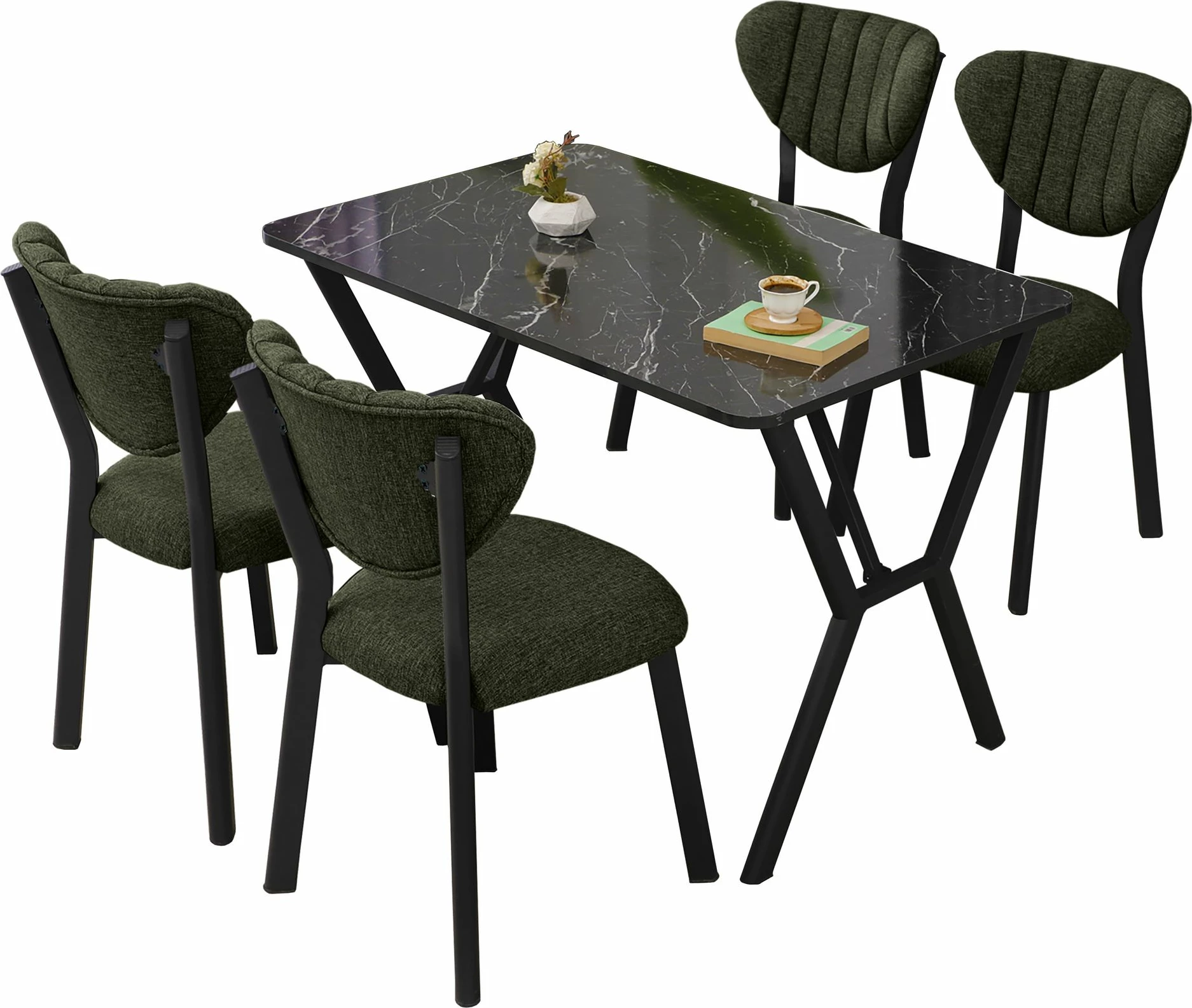 Tavolinë me karrige, zgjatshme, 5 copë, Skye Decor, elma, e gjelbër, e zezë